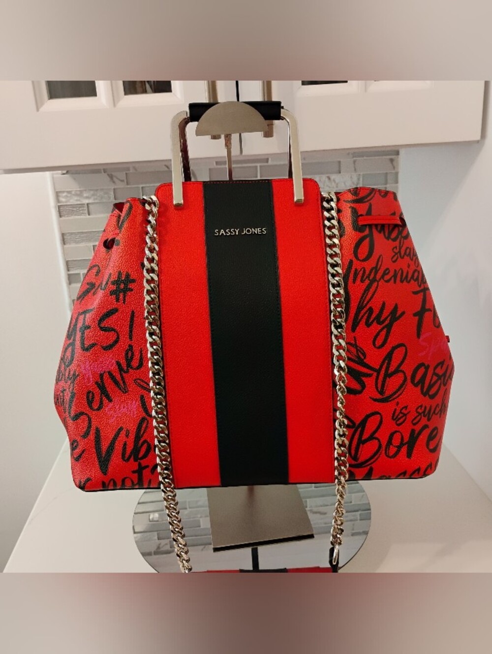 NWOT Sassy Jones Leather Tote - Red & Black Graffiti w/SHW